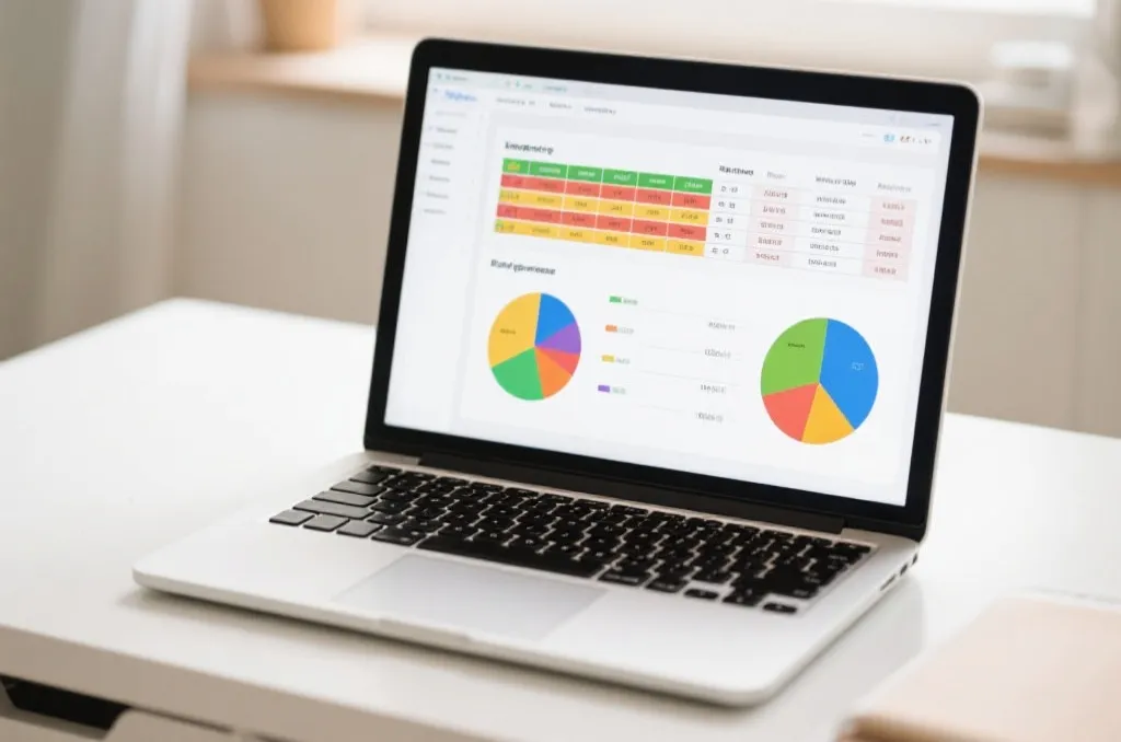 An open laptop on a clean desk displaying a colorful budget spreadsheet